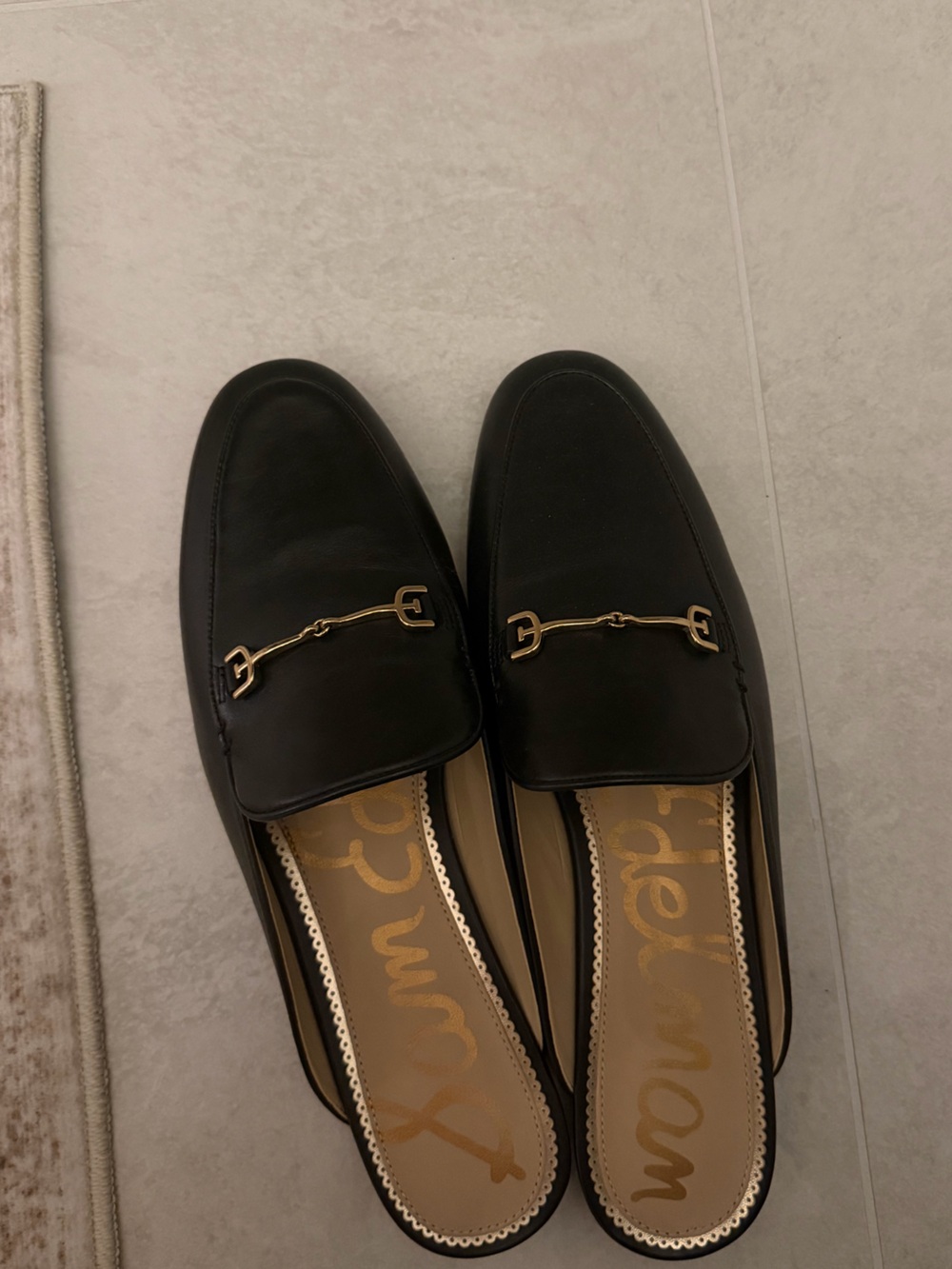 Sam Edelman Black Leather Mules with Gold Horsebit